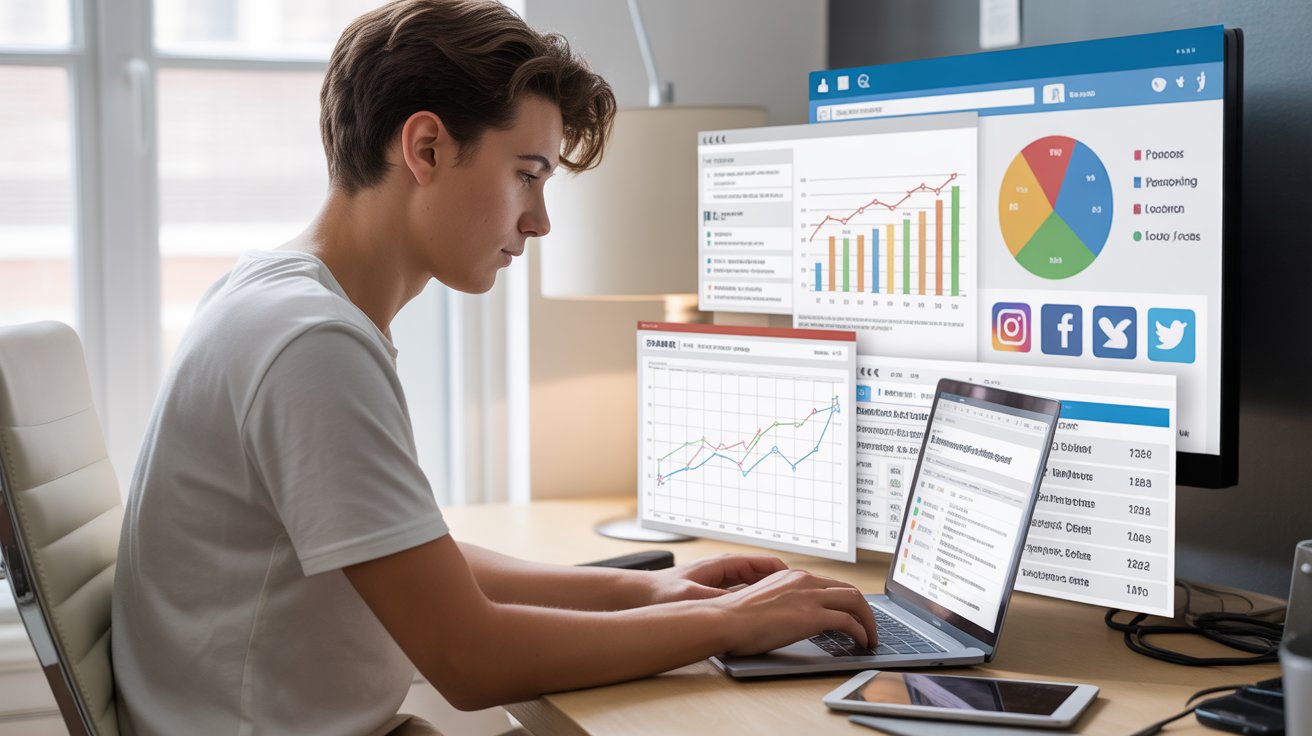 A young professional or student working on a laptop with digital marketing dashboards visible (charts, social media icons, SEO graphs).