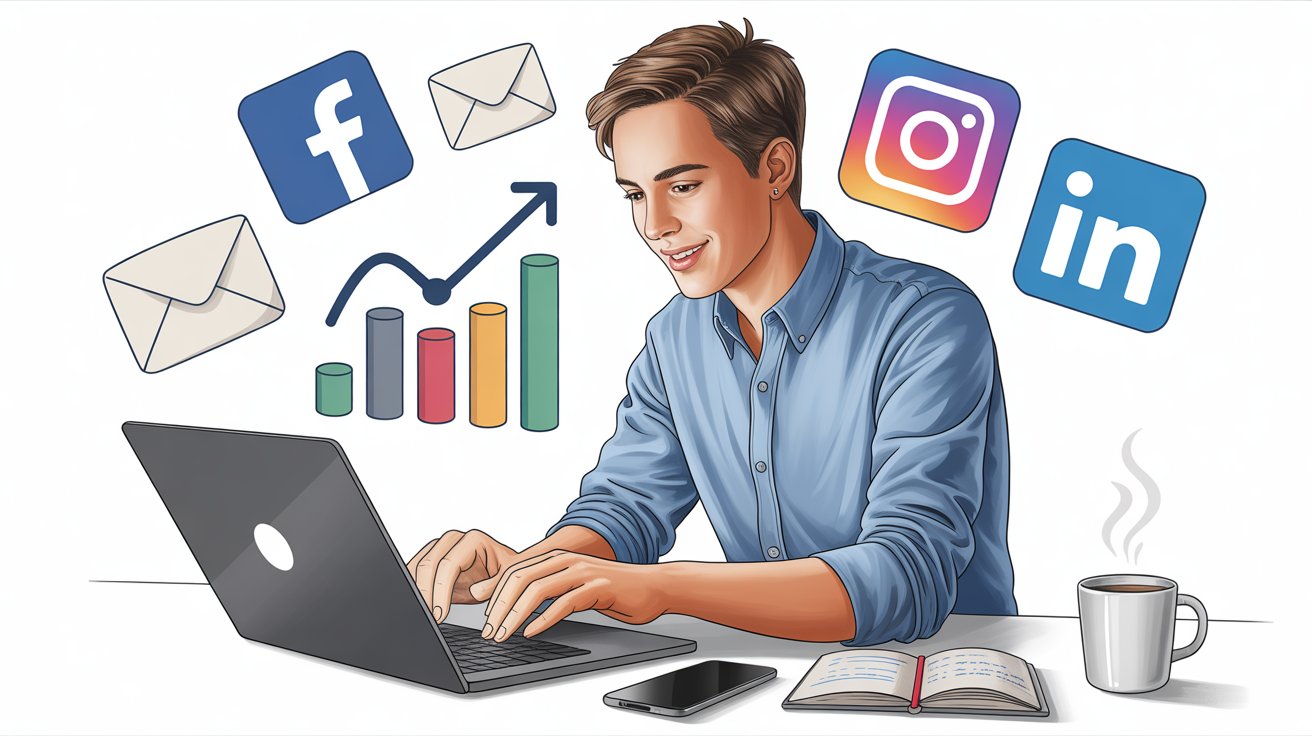 Young intern working on SEO analysis at laptop with digital graphs, search icons, and keyword data visualization – modern office background.