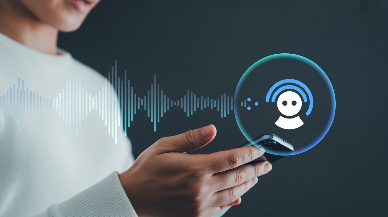 A futuristic image showing a person speaking into a smartphone or smart speaker, with visual sound waves or a digital assistant icon (symbolizing voice search).