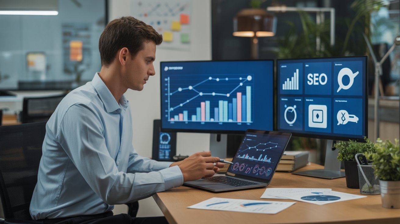 A modern office workspace with a young professional analyzing digital marketing dashboards on a laptop — showing graphs, SEO analytics, and social media icons — symbolizing growth, technology, and opportunity.