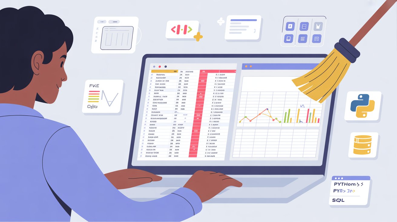 Data analyst performing data cleaning techniques on spreadsheets to prepare accurate datasets for analysis