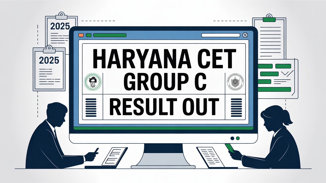News-style graphic showing Haryana CET 2025 Group C Result announcement with a digital scorecard, Haryana map outline, and students checking results online; clean blue and green academic theme