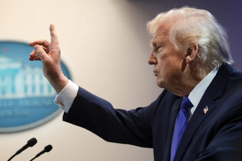 US President Donald Trump speaks during a news briefing held at the White House on February 20, 2026, in Washington, DC.